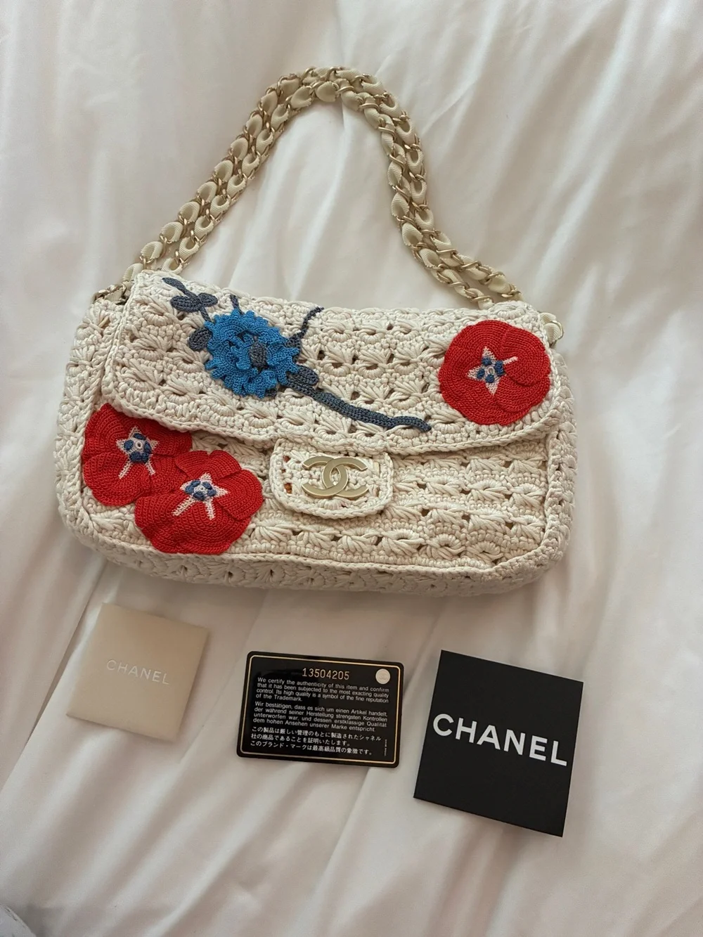 CHANEL Cream Crochet Shoulder Bag with Red and Blue Floral Embroidery